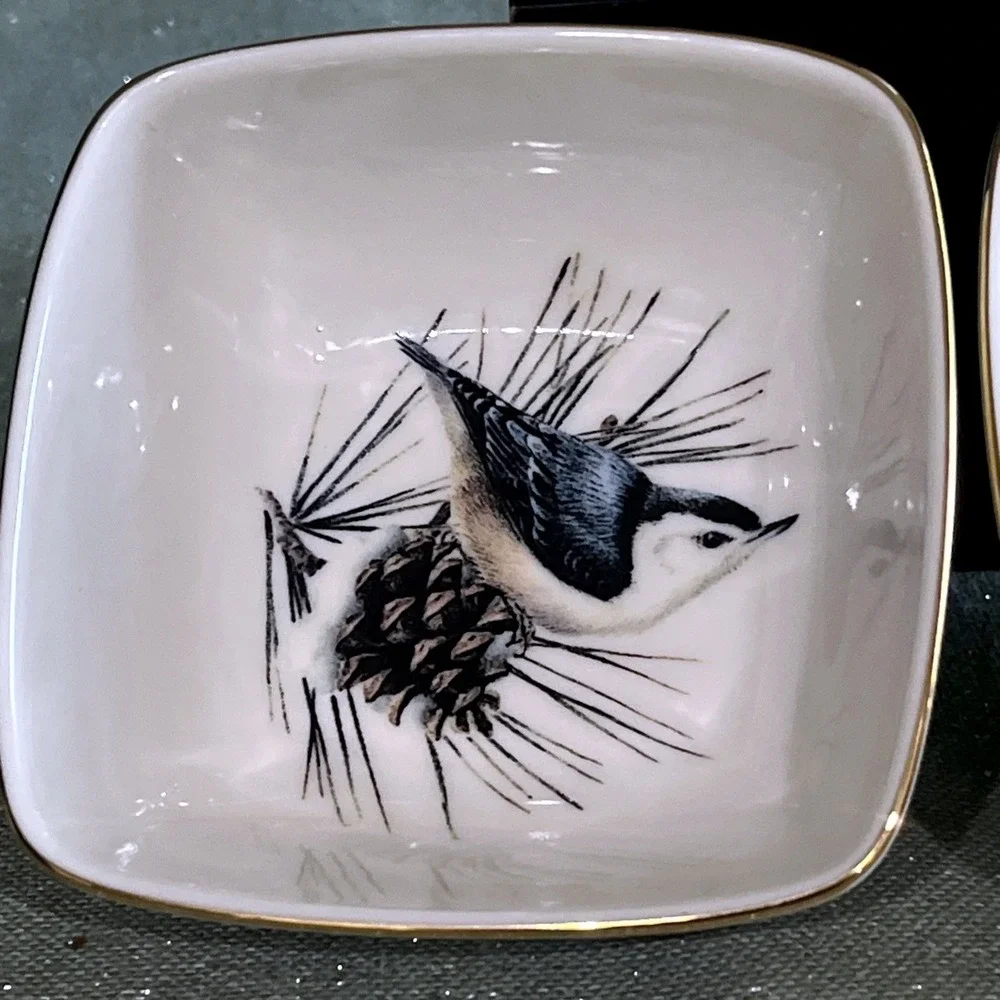 LENOX WINTER GREETINGS 2 Dipping Bowls~NUTHATCH & CHICKADEE~Catherine McClung